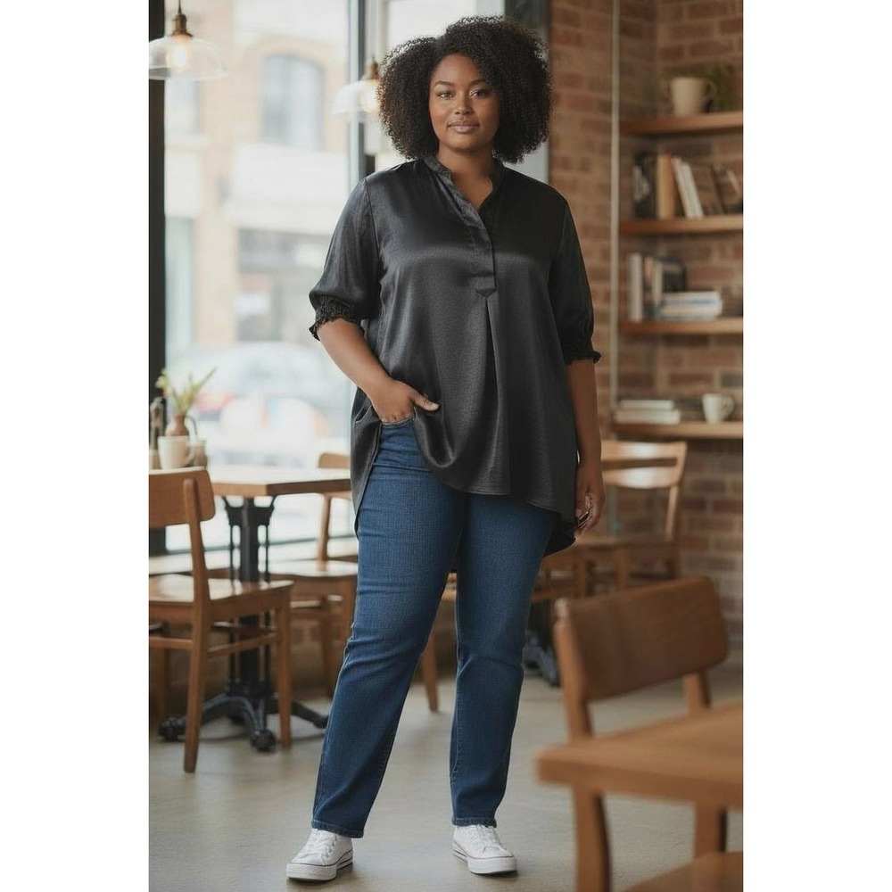 NWT Anne Klein Black Satin Tunic Top M Shirred Sleeve Flowy High-Low